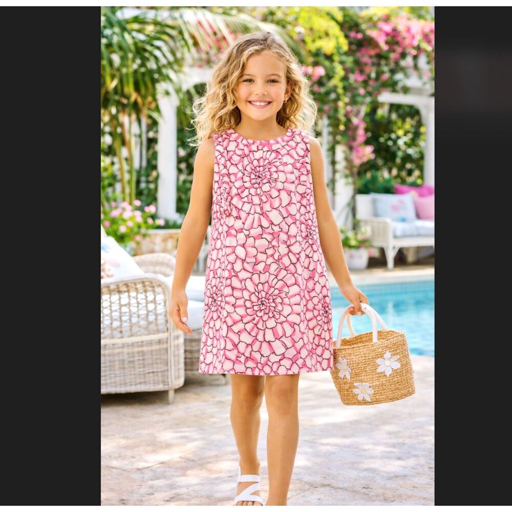 Lilly Pulitzer Girls Dress 8 Pink Floral Shift Ruffle Lined Cotton A-Line Resort